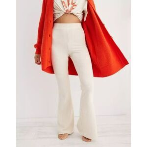 Aerie Womens Groove On‎ Velour Ribbed Hi-Rise Flare Pants Ivory Cream Size Large